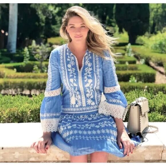 $498 EUC Tory Burch Gabriella Blue White Embroidered Dress Size 2 Perfect - Picture 3 of 10